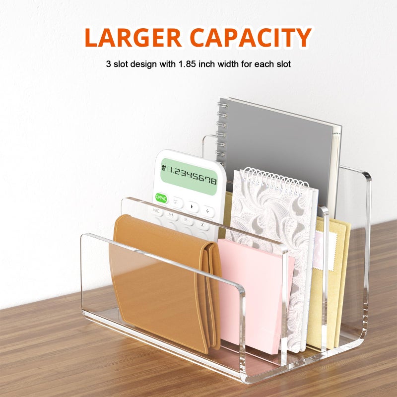 Richboom Acrylic File Sorter, 8.5"x6.3"x6.2", Upright File Organizer for Desk, Mail Organizer Countertop, File Holder for Letter, Document, Notebook, Clear, 3 Sections - Image 2